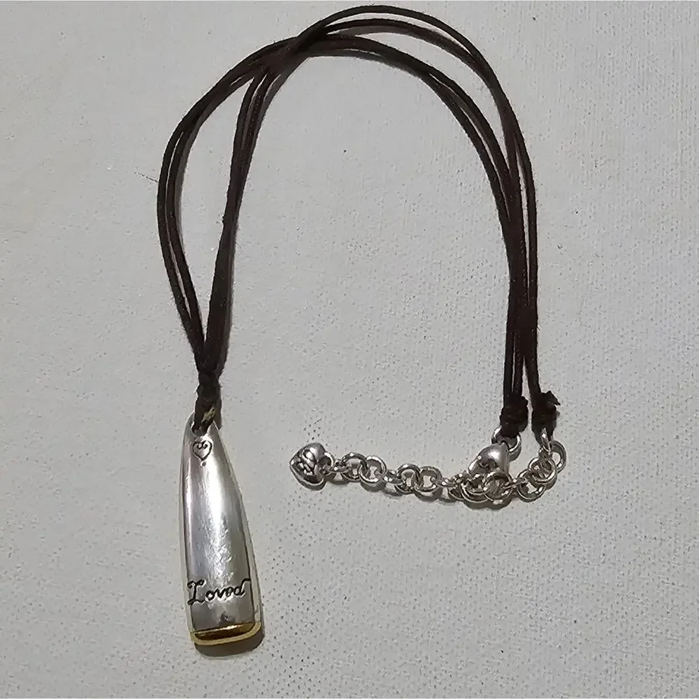 Brighton Loved Heart Silver Gold Tone Bullet Pendant Brown Cord Necklace